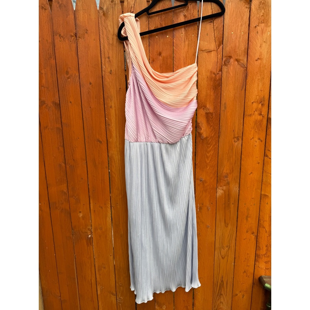 Vintage Arrabesque California One Shoulder Pleated Pastel Ombre Midi Dress SM
